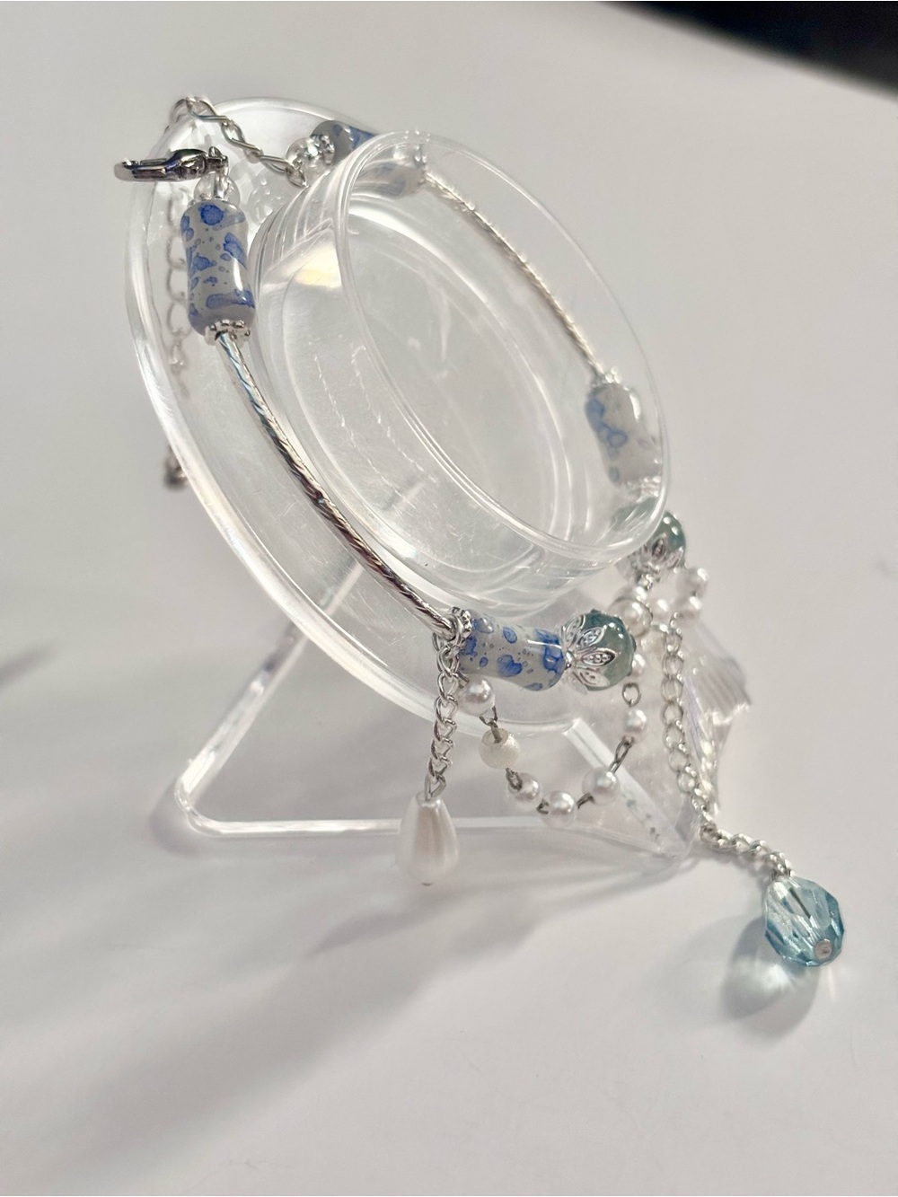 Hand Crafted Silver Bracelet with Blue and White Beads and Mermaid Tail Charm - Picture 5 of 7